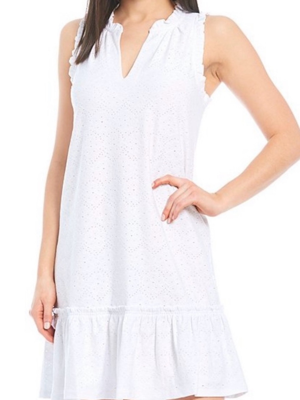 Michael Kors White Sleeveless Eyelet V-Neck dress with Ruffle Hem Sz XL